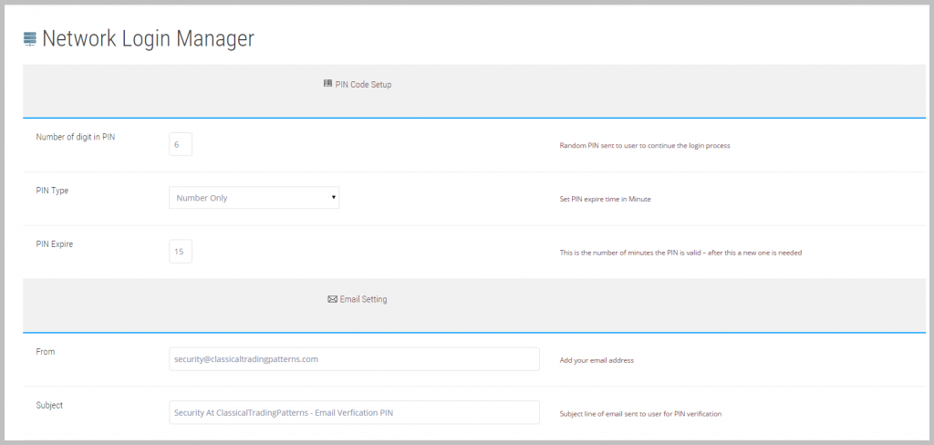 Set up PIN parameters and outgoing email addresses